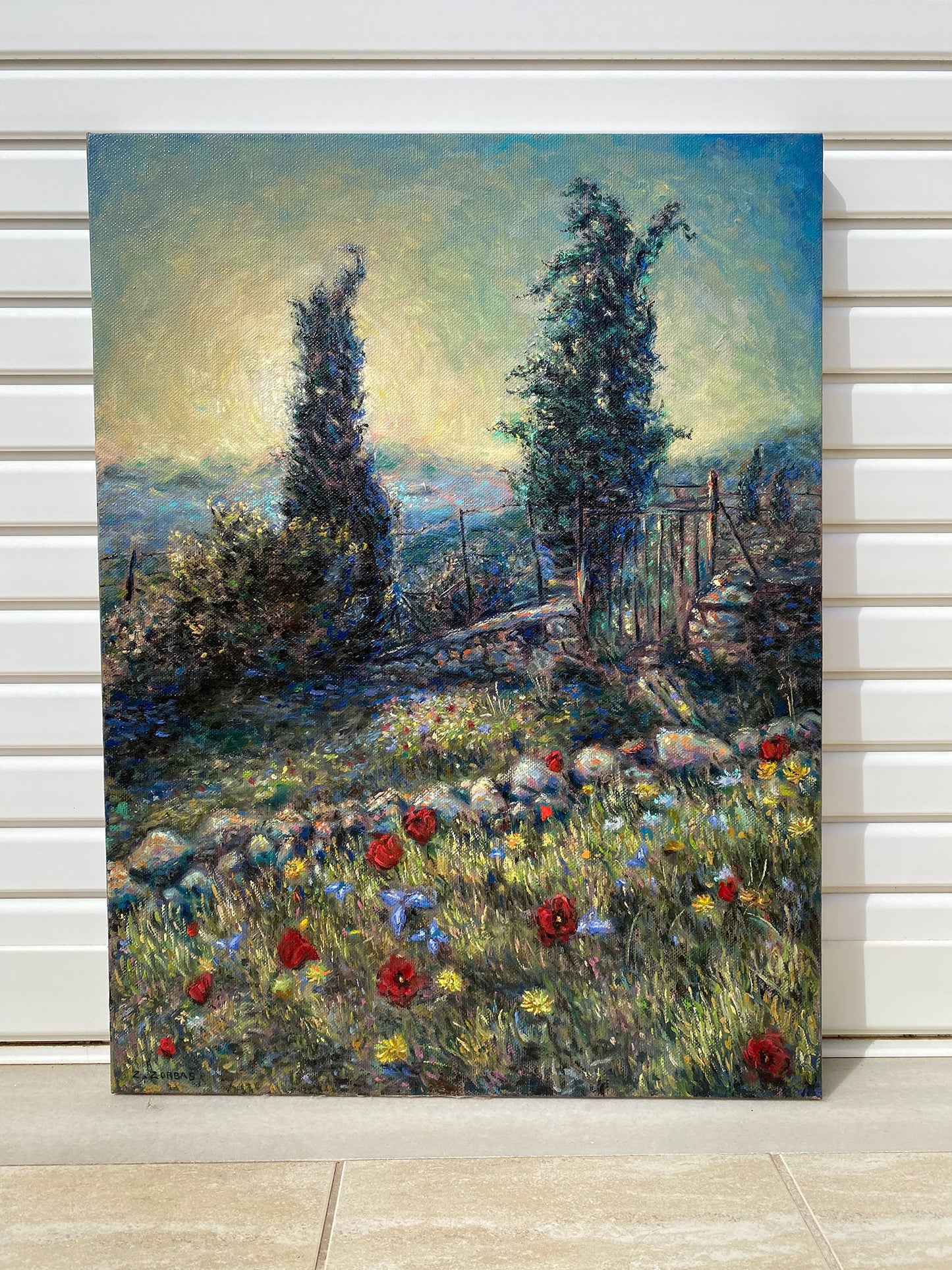 Original Painting: Two Cypresses with Spring Wildflowers in Tzikides Aegina