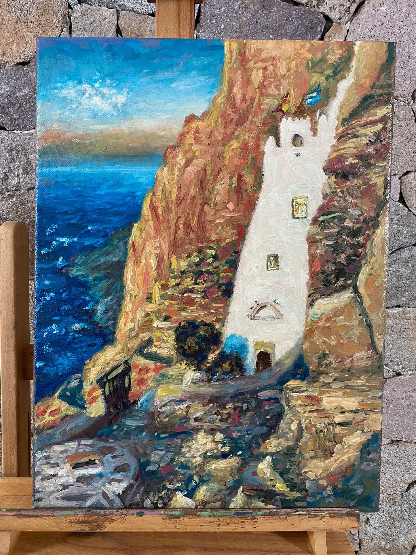 Original Painting: Cliffside Monastery in Amorgos