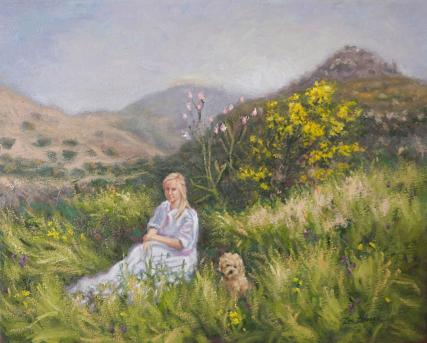 Original Painting: Lady in Aegina Spring with Her Poodle