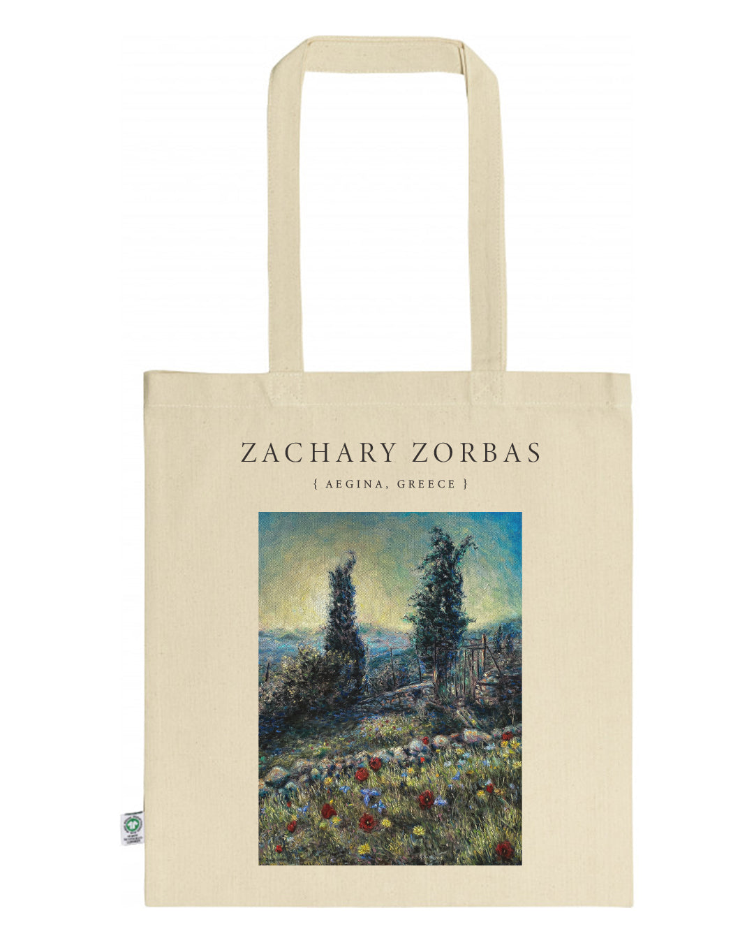 Tote Bag Organic: Two Cypresses with Wildflowers in Tzikides Aegina