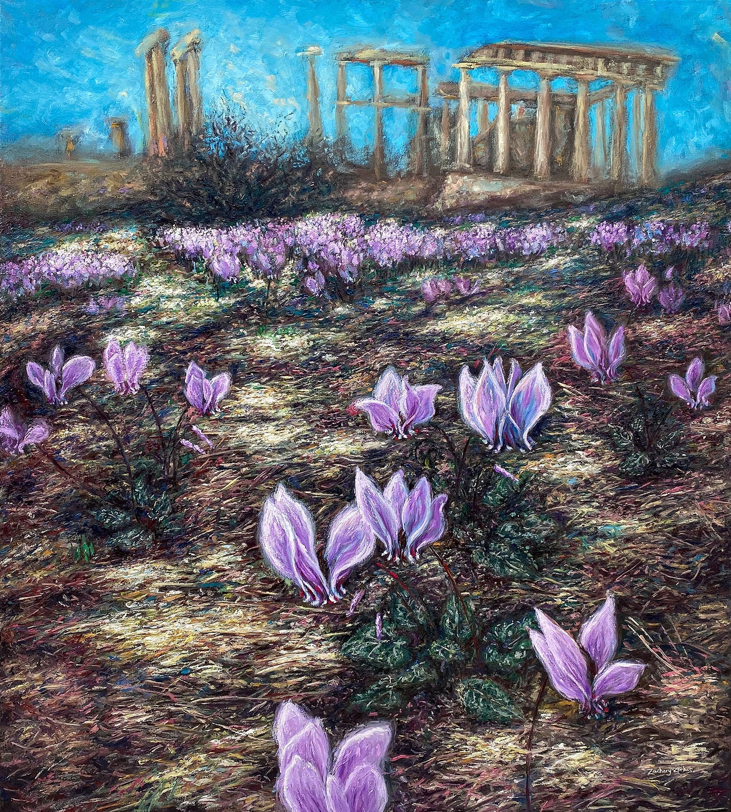 Original Painting: Cyclamen Flowers at Afaia’s Temple