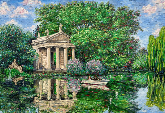Original Painting: Lake with Row-Boats in Villa Borghese, Rome