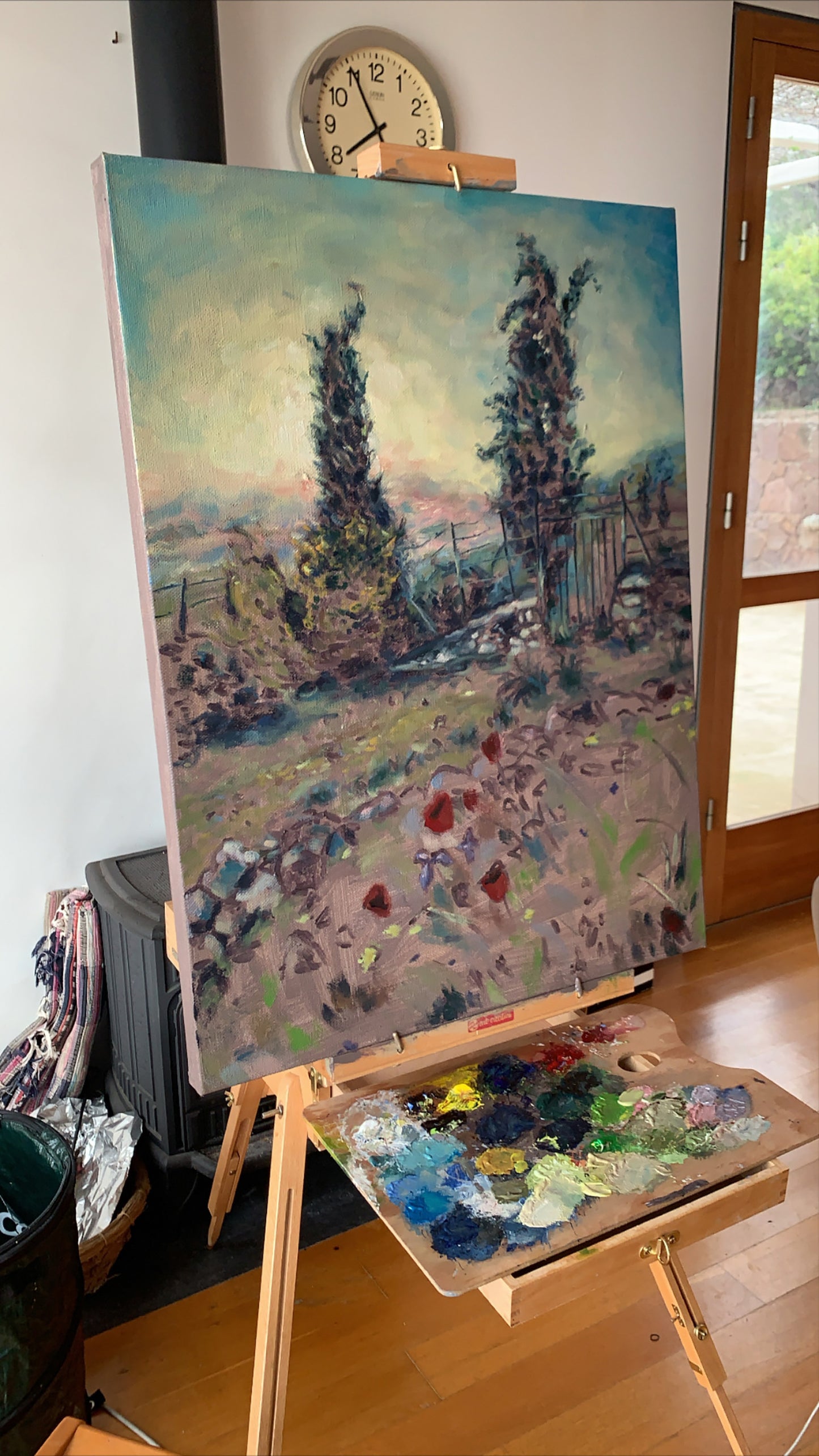Original Painting: Two Cypresses with Spring Wildflowers in Tzikides Aegina