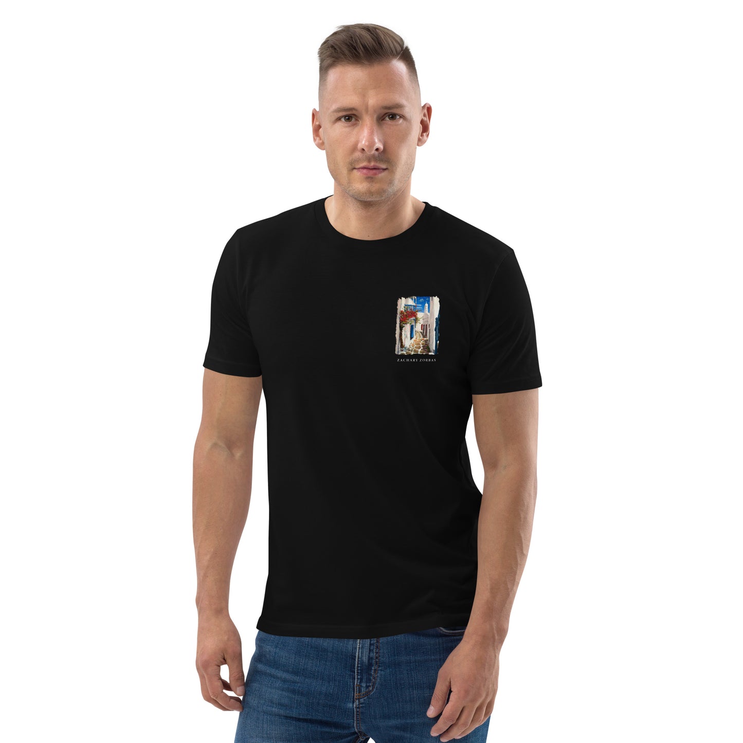 T-Shirt: Mykonos Town Unisex Organic Cotton Dark Left