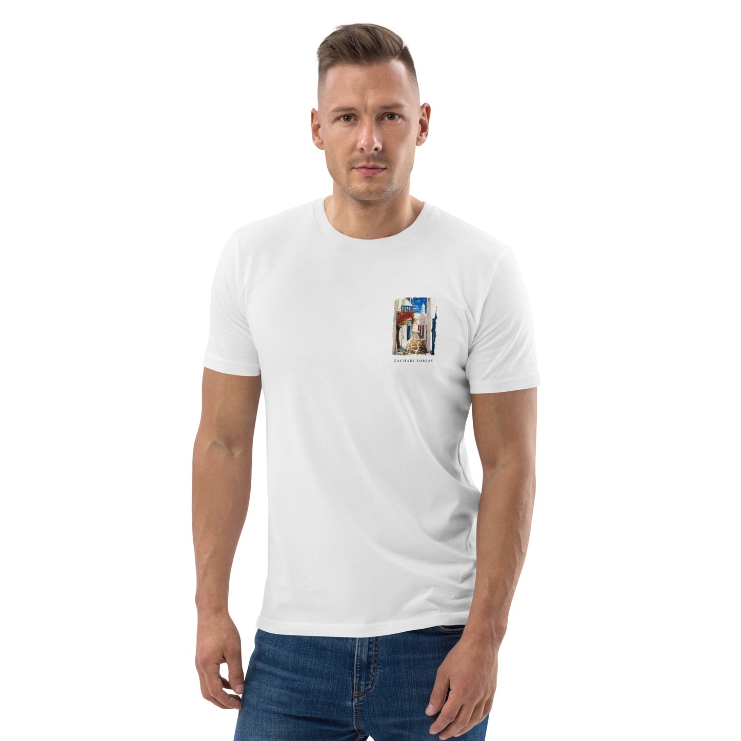 T-Shirt: Mykonos Town Unisex Organic Cotton Left