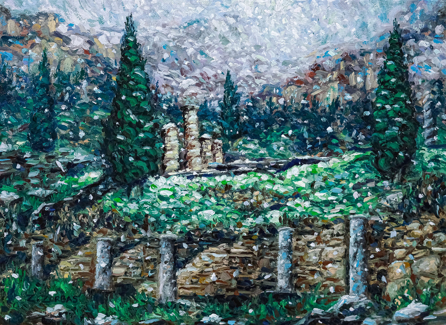 Original Painting: Snowfall in Ancient Delphi
