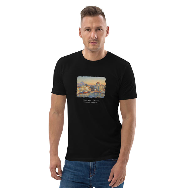 T-Shirt: Port of Aegina During Golden Hour Unisex Organic Cotton Dark