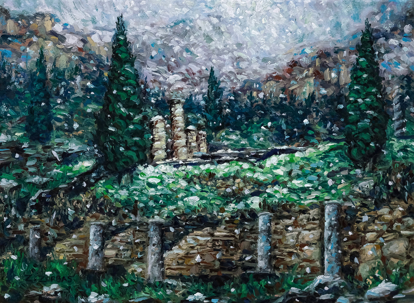 Canvas Print: Snowfall at the Temple of Apollo in Delphi