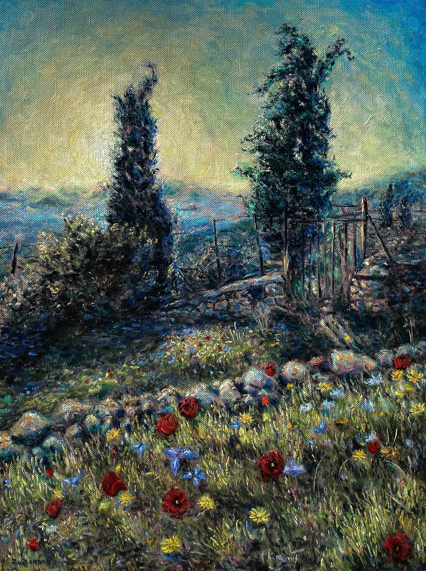 Original Painting: Two Cypresses with Spring Wildflowers in Tzikides Aegina
