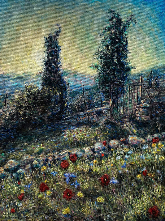 Canvas Print: Two Cypresses with Spring Wildflowers