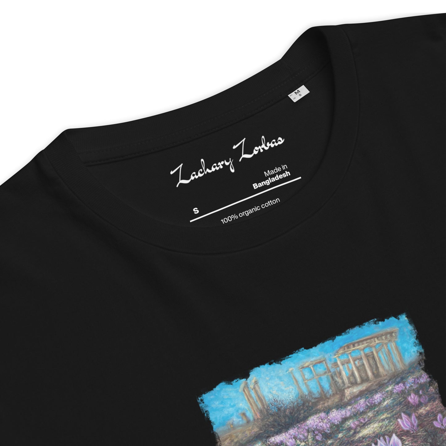 T-Shirt: Cyclamen Flowers at Afaia Temple Unisex Organic Cotton Dark